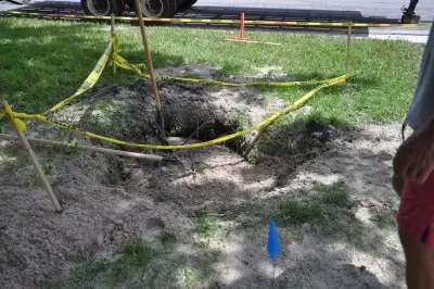 Hole from burst pipe.