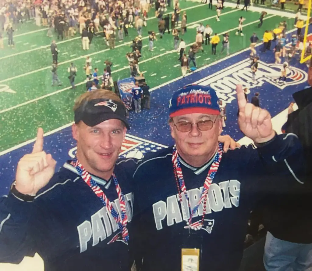 Chris and his dad, Super Bowl XXXVI, 2001